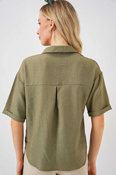 hazelin Women's Khaki Linen Look Crop Shirt Hzl25S-Bd1203391