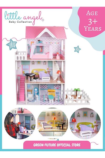 LITTLE ANGEL Luxury Wooden Dollhouse – 3-Story Pink Playhouse with Furniture & Garden for Kids