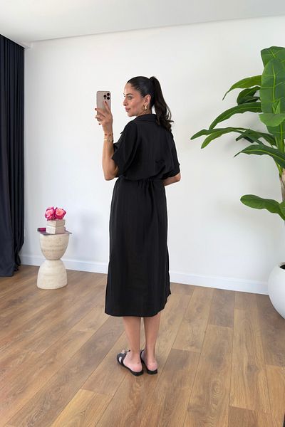 BİRCANÇİL Md Sera Black Self-Tie Side Slit Detailed Midi Length Dress
