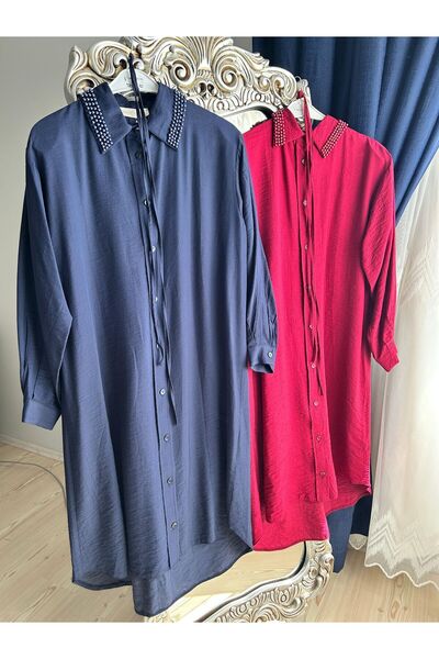 lamelif yakası incili uzun gömlek