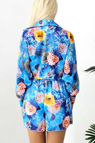 FashionForYou Ținută de vară AdeLLa, cu o cămașă lejeră și pantaloni scurți, Albastru, Mărime S/M
