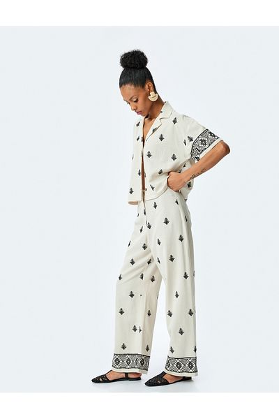 Koton Cotton Viscose Fabric Ethnic Pattern Embroidered Wide Leg Pants