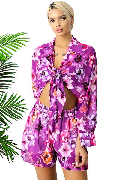 FashionForYou AdeLLa summer outfit, with a flowy shirt and shorts, Purple, Size S/M