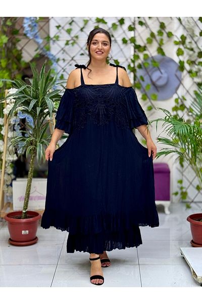 Punta Otantik Vl1900 Lace Voile Dress with Drawstring Strap Front Back Black