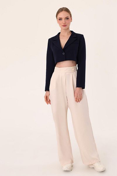 Hazel Women's Stone Double Button Linen Palazzo Trousers