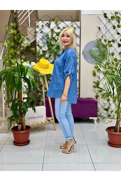 Punta Otantik Yg20023 Italian Scalloped Coton Blouse Marine