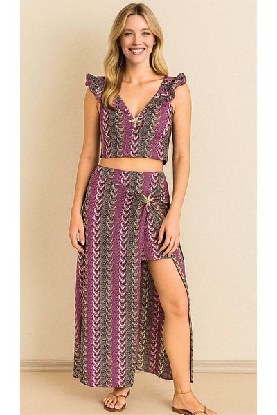 STLB Sleeveless Blouse – Wavy Patterned Suit with Slit Skirt (Imported)