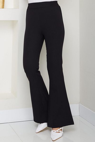 hafsamina Elastic Waist Spanish Leg Fabric Trousers Black Hm2781