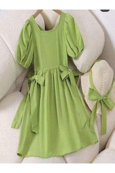NİSAY BOUTİQUE Girls Pistachio Green Color Short Sleeve Hat Detail Princess Dress