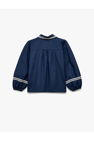 Koton Long Balloon Sleeve Embroidered Rubber Sleeve Cotton Shirt