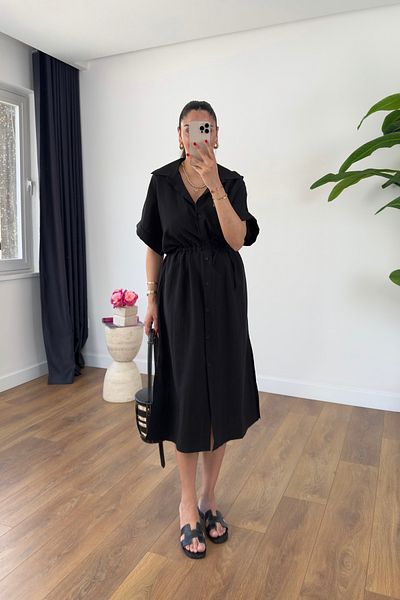 BİRCANÇİL Md Sera Black Self-Tie Side Slit Detailed Midi Length Dress