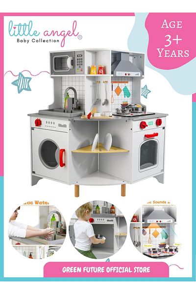 LITTLE ANGEL Luxury Kids Wooden Play Kitchen Set Pretend Cooking Toy