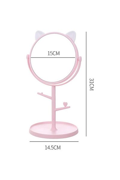 OEMN Cosmetic mirror with stand, 360° rotation, jewelry holder, ear model, pink/white, 15 cm