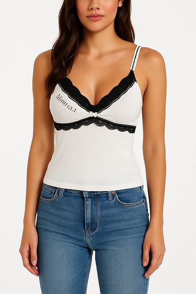 Karakedi Black and White Innocent Printed Lace Collar Strap Blouse