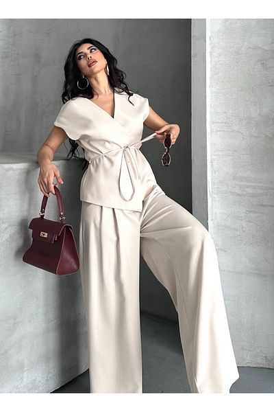 pembekurdelem Women's Oversize Tie-Up Vest Trousers Suit Stone