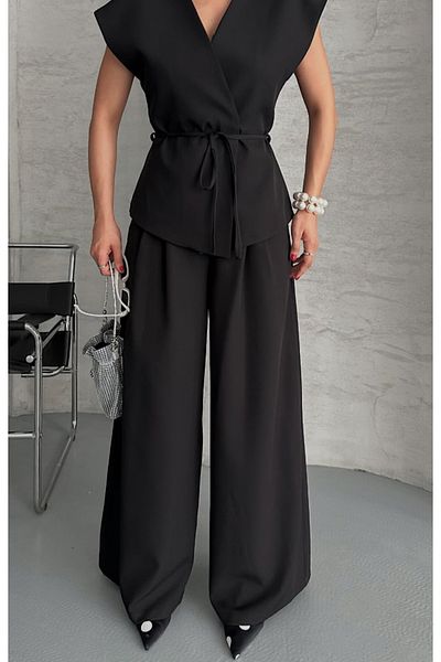 pembekurdelem Women's Oversize Tie-Up Vest Trousers Suit Black