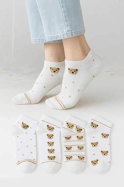 KaeLaurean Cotton Seamless 4-Piece Teddy Bear Patterned Women's Socks