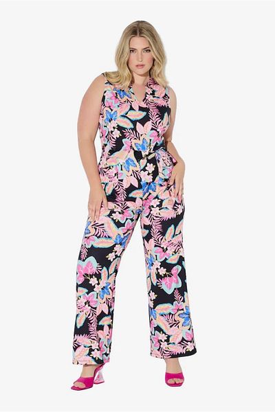 Şans Women's Plus Size Colorful, Stand Collar, Floral Patterned Waist Elastic Jumpsuit 65N38986