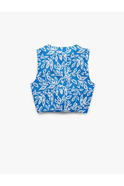 Koton Floral Patterned V-Neck Sleeveless Crop Vest with Tie Detail