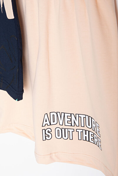 Cansın Mini Navy Blue Leaf Printed Crew Neck Boy's 2-Piece Shorts Suit 21057