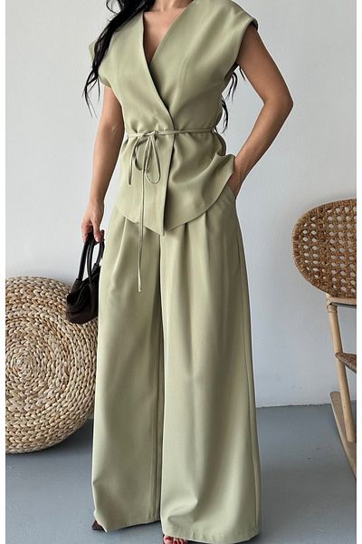 pembekurdelem Women's Oversize Tie-Up Vest Trousers Set Khaki