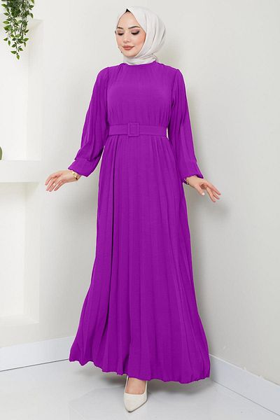 hafsamina Belted Pleated Aerobin Dress Lilac Hm2339