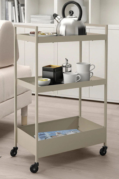 Binbirreyon Bej Çelik Servis Arabası 3 Katlı Tekerlekli Raflı Araba Bej BC015