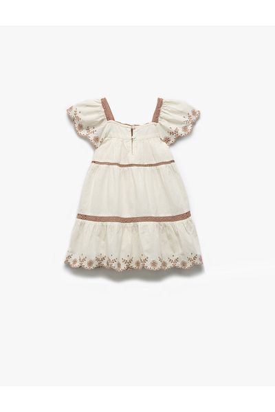 Koton Cotton Square Collar Short Sleeve Brode Embroidered Dress