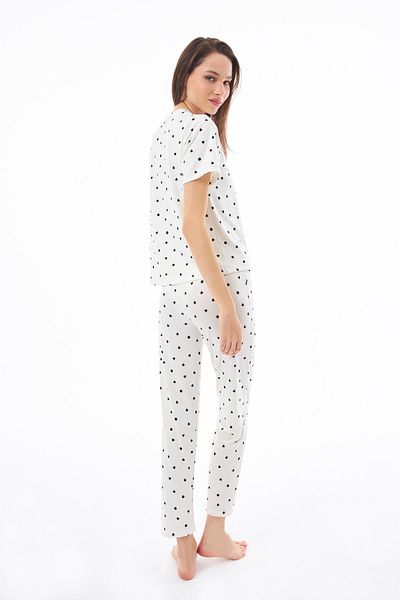 Cottonhill Premium Women's Pajama Set Cream Heart Pattern Soft Textured Short Sleeve Crew Neck