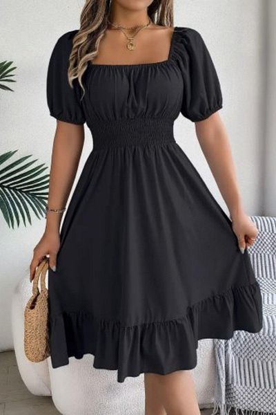 Mossta Balloon Sleeve Square Neck Elastic Waist T-Shirt Dress - Black