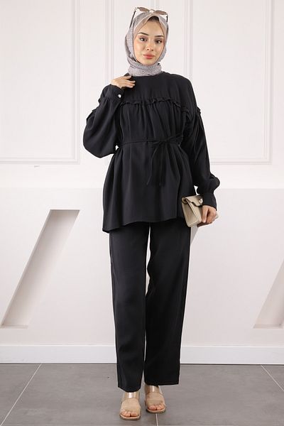 İmajButik Black Drawstring Waist Tunic Pants Modal Suit