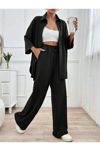 only moon Women's Wear Wrinkle Fabric Shirt-Pants Two-Piece Suit Suitable for Tesetture