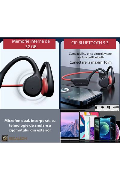 Regaleon Casti Conductie Osoasa REGALEON®, Wireless Bluetooth 5.3, IPX8 Rezistente la Apa, Inot, Memorie 32GB