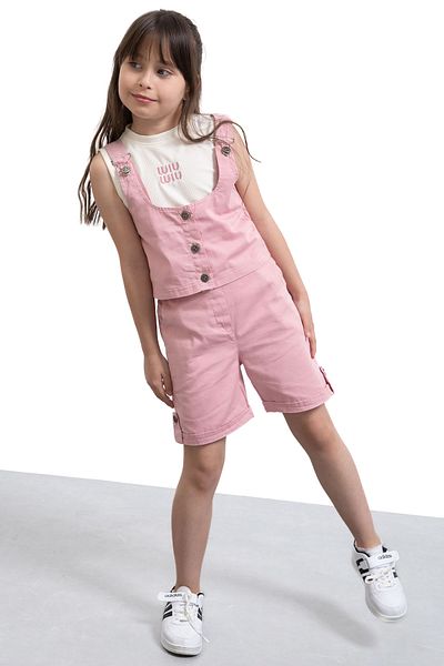 Cansın Mini Pink Zero Sleeve Badili Buttoned Vest Girl's 3-Piece Shorts Set 21036