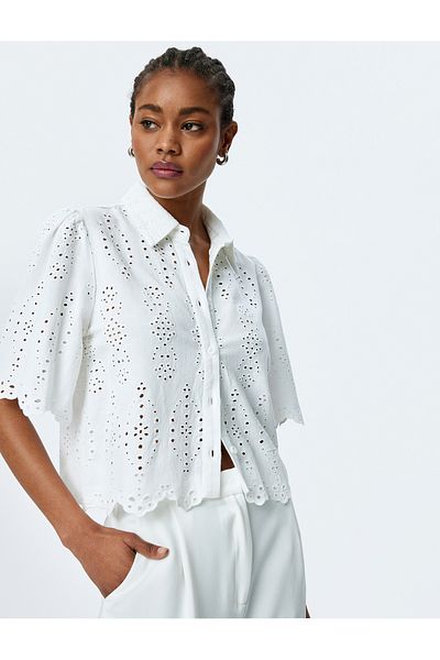 Koton Viscose Cotton Fabric Short Sleeve Crop Scalloped Shirt