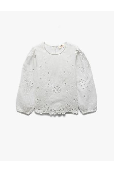 Koton Crew Neck Long Sleeve Scalloped Cotton Blouse