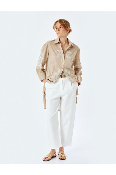 Koton Cotton Floral Embroidery Detailed Shirt Collar Long Oversize Tunic