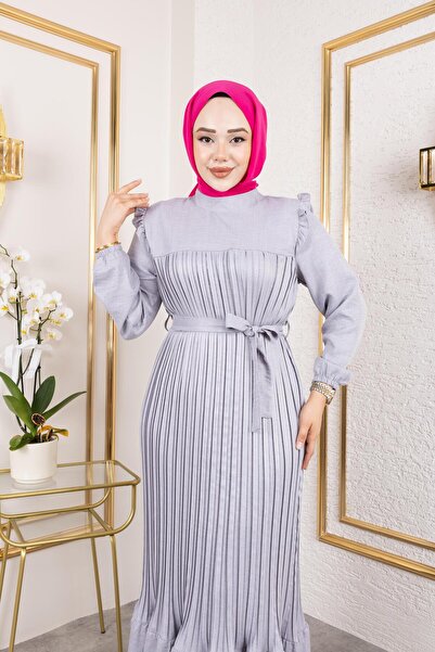 HARMAN BUTİK Γυναικείο βολάν με λεπτομέρεια γκρι λινό φόρεμα με ζώνη