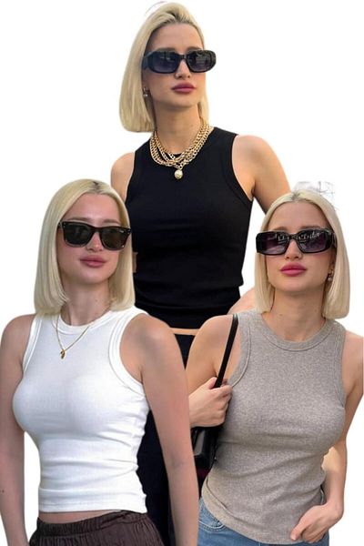 Madmext 3 Pack Gray-White-Black Regular Cut Ribbed Undershirt Mg2428