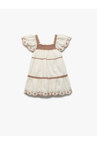 Koton Cotton Square Collar Short Sleeve Brode Embroidered Dress