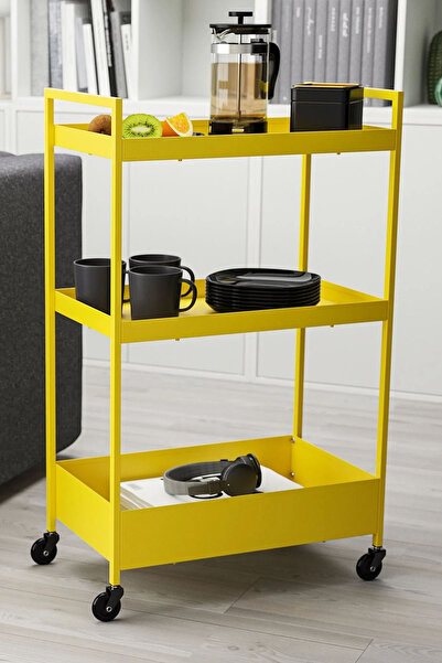 Binbirreyon Sarı Çelik Servis Arabası 3 Katlı Tekerlekli Raflı Araba Sarı BC016
