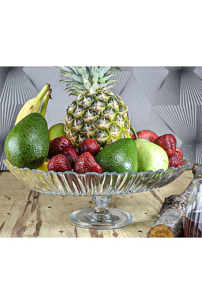 DECOCIA 33 cm Oval Footed Glass Fruit Bowl Presentation Bowl Vega Patterned