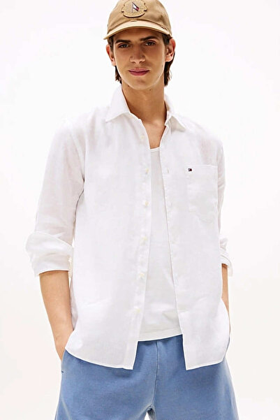 Tommy Hilfiger Erkek Th Piece Dye Linen Regular Fit Gömlek - Beyaz