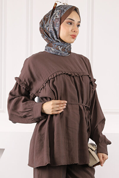 İmajButik Σετ Modal με καφέ παντελόνι με κορδόνι μέσης