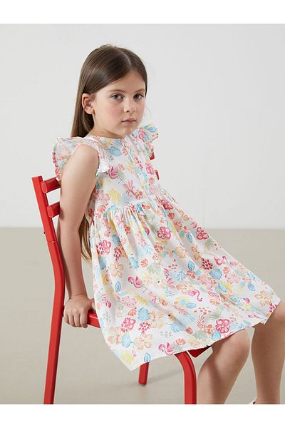 LC Waikiki Girl's 100% Cotton Short Sleeve Flower Patterned Dress