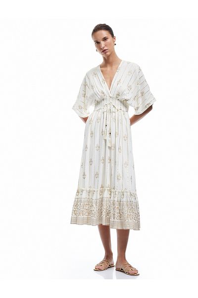 Koton Loose Fit Short Batwing Sleeve Glitter Ethnic Print Long Double Breasted Dress