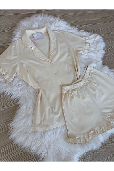 Pijamacs Ecru Cotton Short Sleeve Front Button Shorts Pajama Set with Ruffle Detail on Sleeves and Legs