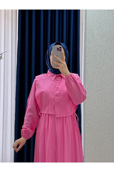 MİHRA STORE Vinisa Strawberry Dress with Elastic Waist Vest-Mf1756 Pink