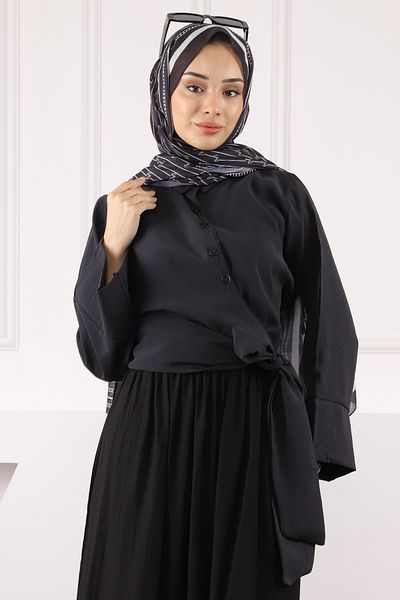 İmajButik Μαύρο πουκάμισο Modal με δεμένη μέση