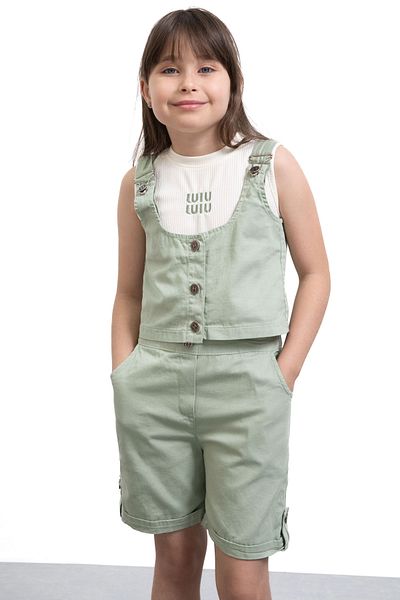 Cansın Mini Khaki Zero Sleeve Badili Buttoned Vest Girl's 3-Piece Shorts Suit 21035